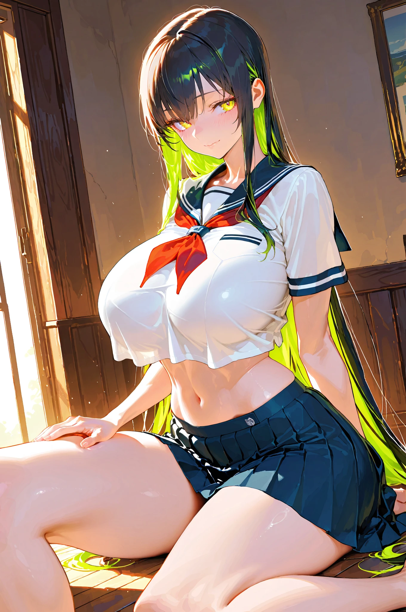 high quality, high resolution,(((nsfw))),(((one women))),(((cute face))),(((blue eyes))),(((green hair))),(((asymmetrical bangs))),(((long wavy hair))),((large breasts:1.5)),((sweaty skin)),(((bare breasts))),(((school uniform)))
BREAK,(embarrassed,blush:1.3),(steam:0.8),(wet:0.8),(sweat:0.8),(trembling:1.3),(parted lips:1.3),(harf open eyes:1.4),(feeling weak:1.5)
BREAK,(((outdoor))),(((night))),
BREAK,(((model posing))),(((standing))),((spread legs)),(((arms behind head))),
BREAK,(((Angle from below))),(((focus on pussy)))