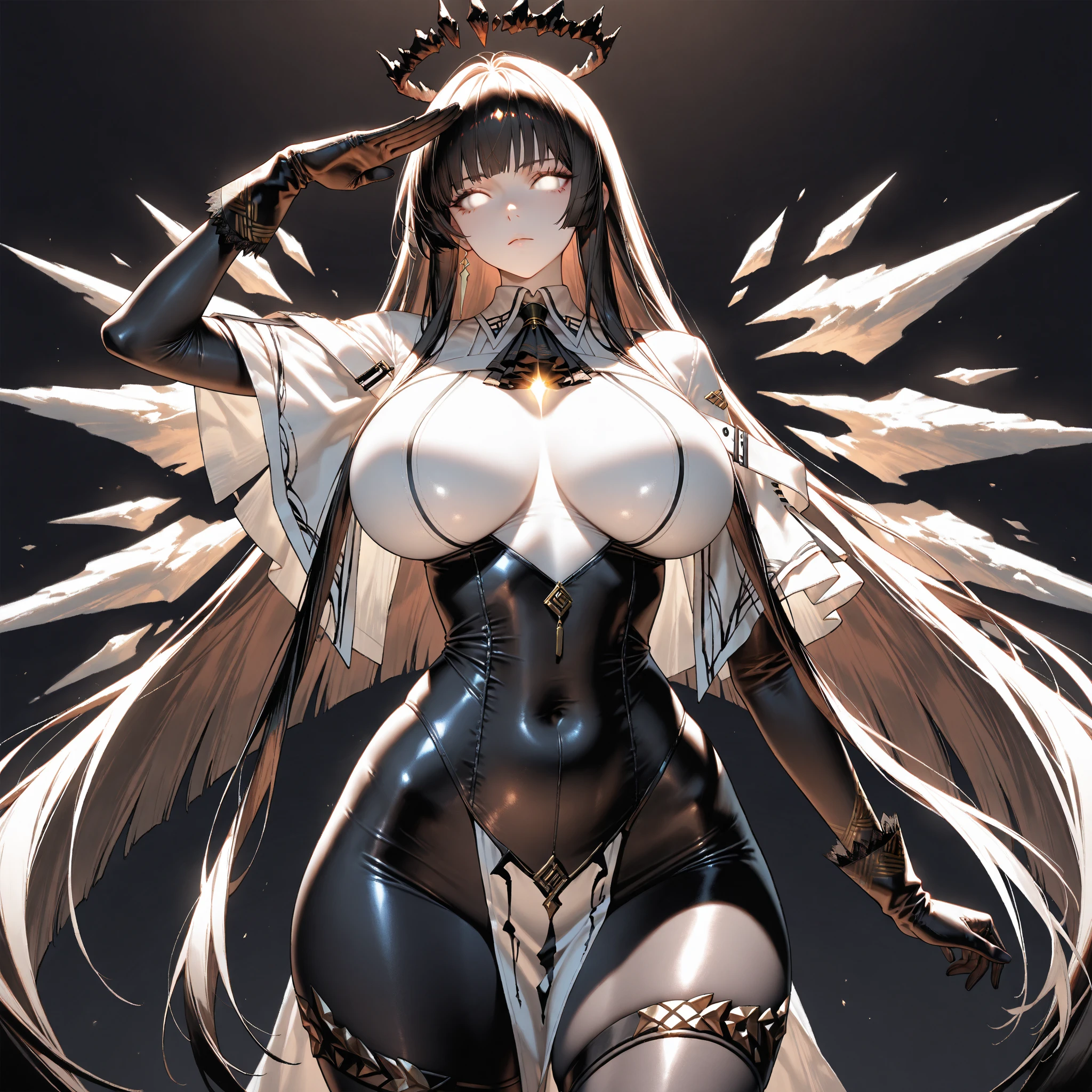 (((best quality))), (((ultra detailed))), (((masterpiece))), 1girl, solo, photorealistic,((multicolored hair, streaked hair):1.1), bangs, hair between eyes, x-shaped pupils, smile, collar, enormous breasts, wide hip, big ass, looking at viewer, (revealing clothes), almost naked, (white fur trimmed coat:1.2), (off shoulder, underboob), nipples, (pasties:1.5), midriff, maebari, bare shoulders, (bottomless), black gloves,  street, distant crowd,  different poses, cowboy shot, depth of field, at night, <lora:ScifiProsthesisStyle_epoch000006:1.1>