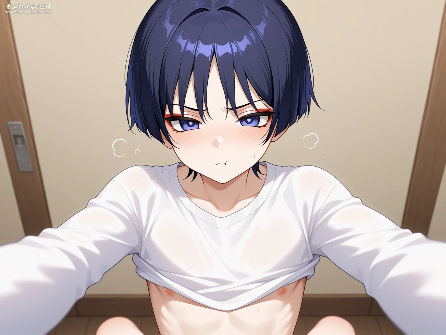 a fake girl, a sissy boy, a tomgirl, (((solo))), flat chest, small phimosis penis, atrophied penis, penis not erect, white mucus from tip of penis, orgasm, sweating, short hair, black hair, hairstyle that covers one eye