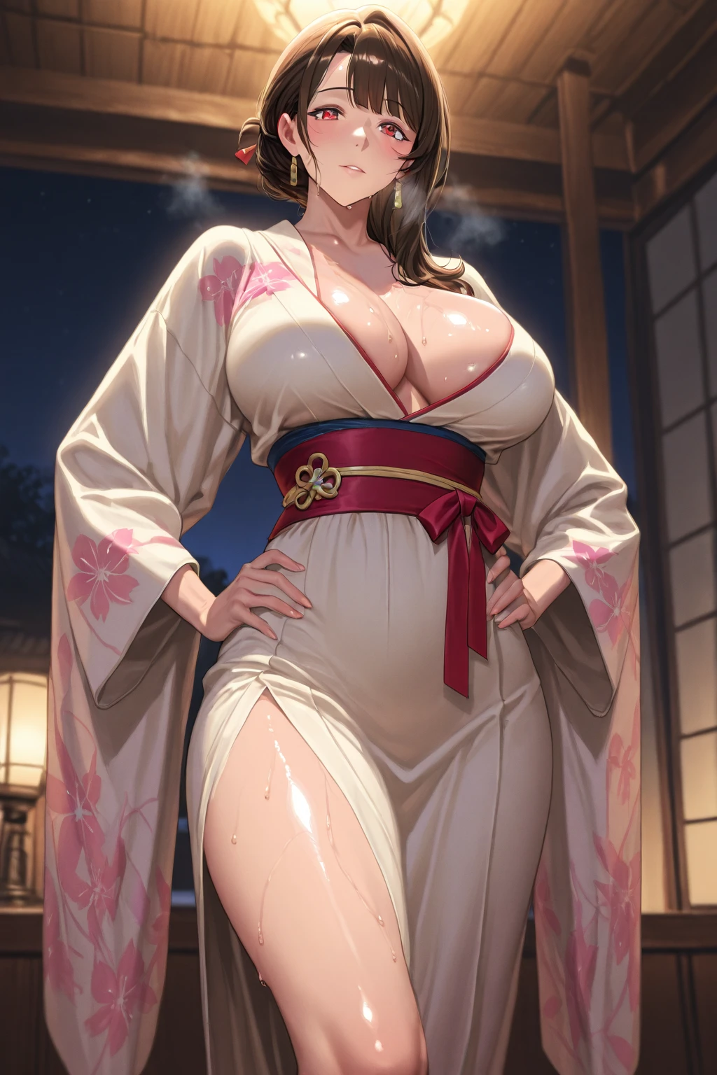 mamako_oosuki,long hair,brown hair,purple eyes,mature female,(huge breasts:1.5),bright pupils,Perfect woman in every way  , mature woman , masterpiece, best quality, finely detailed, high resolution, extremely delicate and beautiful, ( hair adornments ), (huge breasts) , sexy waist ,   red head , beatiful sexy socks ,pawg , japanese kimono  , indoors , blossoms everywhere