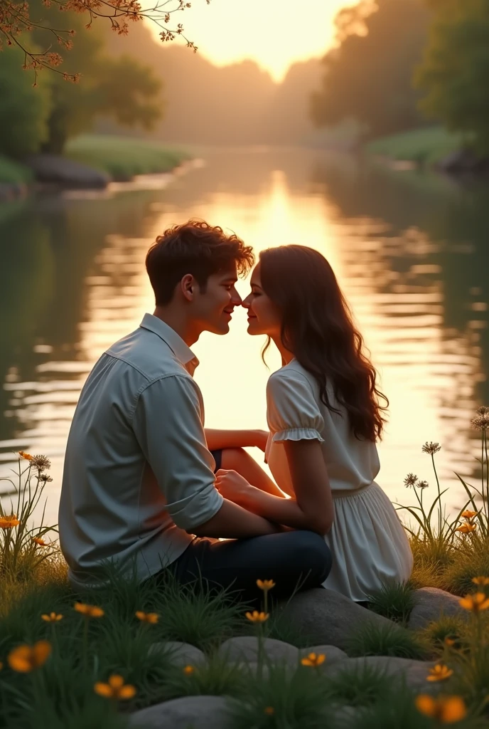 A boy and girl siting near lake at sunset time and doing kiss
