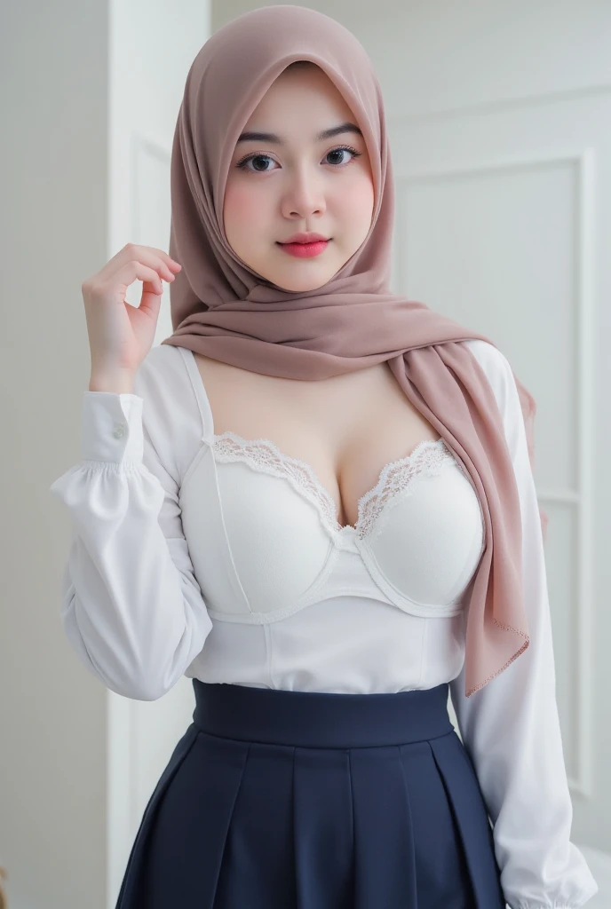 1 indonesian girl , modern plain hijab, shy, medium breast , watery eyes , Beautiful, Amazing face and eyes, (extremely detailed beautiful face), (the most sexy look), (Beautiful big breasts), (Best Quality:1.4), (Ultra-detailed), (extremely detailed CG unified 8k wallpaper), Highly detailed, raw photos, Professional Photography, ((nude)), (tight legging), (Business shirt with open button and see a lace bra), Outdoors, (business district, night city, illuminations), (night sky), depth of fields,