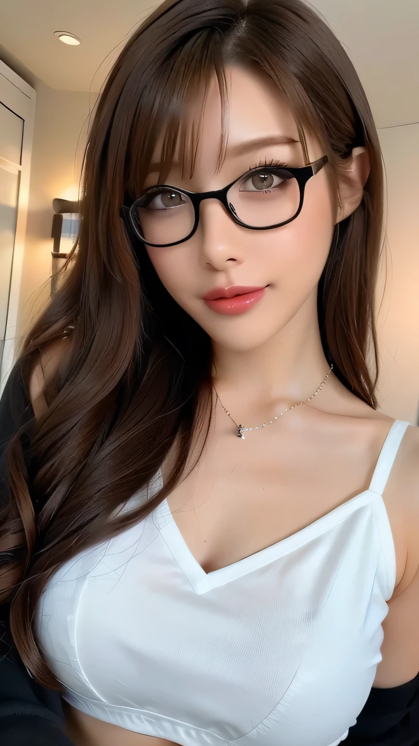 ((Highest quality, masterpiece, anatomically accurate, Super Detail, 8k)), ((Photorealistic, Canon, debt/1.2, 135 mm, shining light on her face :1.5, Masterpiece, anatomically correct, textured skin, super detailed, highest quality, 8k, black rimmed glasses, Glasses fetish, front light :1.2, perfect dynamic composition), (24 years old, 1 person, Cute and sexy tutor, G-cup big breasts, sexy face, gal makeup, 、 Half open sexy lips 、 beautiful woman、( Black sweater , Sexy cleavage:1.1)、Perfect big breasts、( blonde alone :1.1)、 beautiful skin that shines with bright, Glossy lipstick 、 Sexy Lips in Duck Mouth 、 half open duck mouth lips、 a lot of people stand out with clear images 、 bright color contacts 、Perfect gal makeup、 Perfect for an adorable companion 、( Dark makeup for women :1.2)、( dark brown beige around the eyes :1.1)、 Beautiful Bright Eye Shadow 、 dark sexy makeup around the eyes 、(Big Breasts:1.2)、 super long wavy hair 、(Romantic affection:1.1)、 amazing adult sex appeal The best smile he has when he sees me 、( there are many people that accentuate body lines ..:1.1)、( strongly blurry 、 a 。:1.1)、( The image is clear 、 jacket :1.1)、 accurate anatomy、 ultra HD hair、( Super Nothing Perfect Beautiful Teeth:1.1)、Ultra HD beautiful face 、 ultra HD hair、 crystal clear bang 、Ultra HD Shining Eyes、 Shining Super Nothing Beautiful Skin 、 Super Nothing Glossy Lips 、 Harry Winston necklace