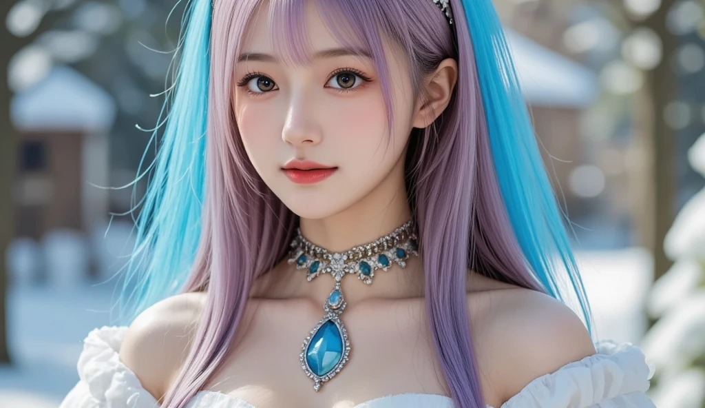 (masterpiece、highest quality、best image quality、8K、Award-winning work)、One Goddess、(the most luxurious, Sparkling, High-end giant costume:1.1)、(The most luxurious and highest quality giant tiara:1.1)、(The most luxurious and highest quality giant necklace:1.1)、(Highest grade goddess costume with beautiful purple and white gradation:1.2)、(The goddess's elaborately decorated costume shines in purple and white..:1.1)、(Highest quality goddess costume with exquisite purple and white gradation:1.1)、upper body photo、(look at me with your best smile:1.2)、big breasts、Beautiful transparent sleeves of the highest quality、(High-quality transparent sleeve with jewel decoration:1.1)、publish one'shoulder、Standing gracefully、(The most luxurious palace background made of ice:1.4)、(The most elaborate and luxurious ice palace cathedral:1.3)、(Inside the most mysterious giant palace made of ice:1.4)、(The most beautiful cathedral made of crystal clear ice:1.4)、(beautiful transparent ice:1.1)、(Mysterious fairy tale light blue fog:1.15)、The background is a detailed ice palace、beautiful ice ceiling、(Palace interior background made of intricately shining transparent ice:1.4)、(Elegant palace pillars made of ice:1.05)、the most intricate and luxurious decoration、(large amount of jewelry decoration:1.1)、最もComplex and detailed background、(that'that'It's snowing:1.1)、fine Sparkling snow、(Tyndall effect:1.1)、Subtle Sparkling snow、epic movie lighting、perfect makeup、long eyelashes、beautiful eyeshadow、(accurate anatomy:1.1)、Natural forehead、Complex and detailed background、the most delicate shine、background with depth、low contrast、Surrounded by soft light、(body facing forward:1.1)、(lower your arms:1.1)