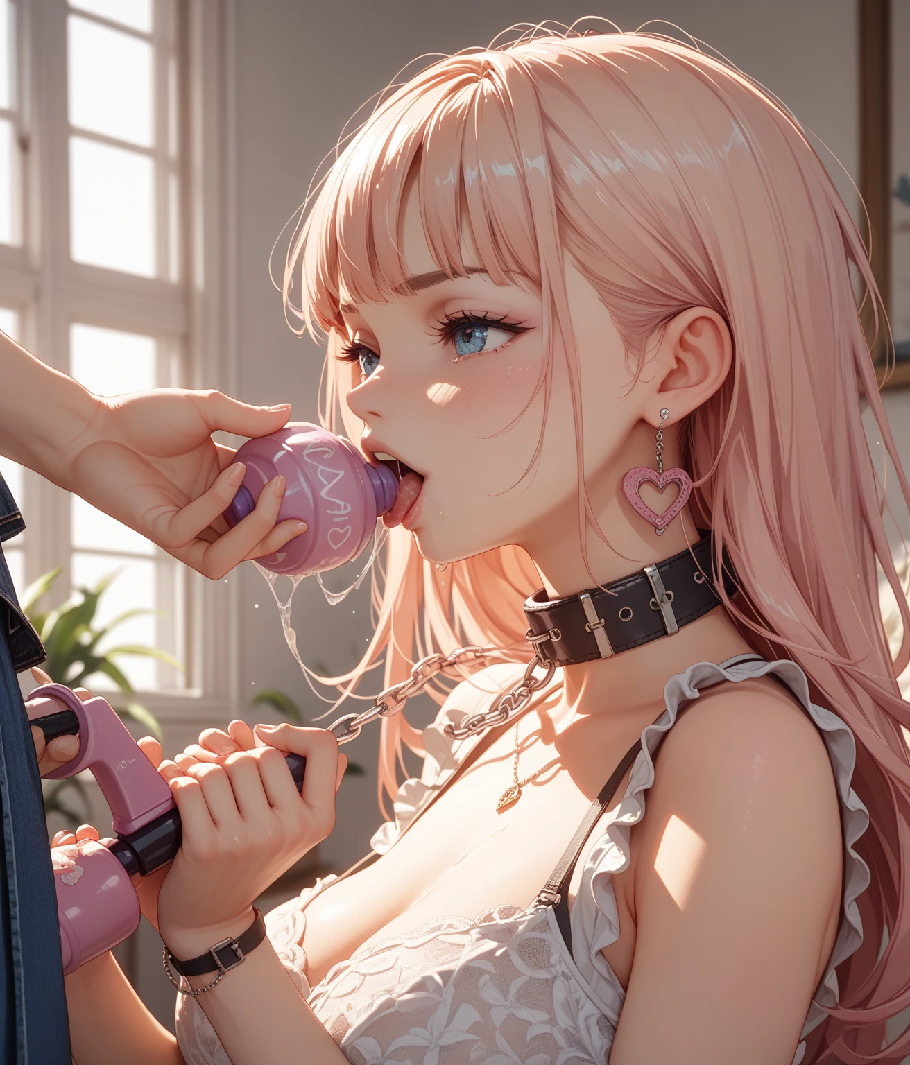 1Woman, 30 years, sleeveless turtleneck shirt, short shorts and belt, adult, saliva dripping, orgasm eyes, licking popsicle, body wet with sperm, NSFW, close-up