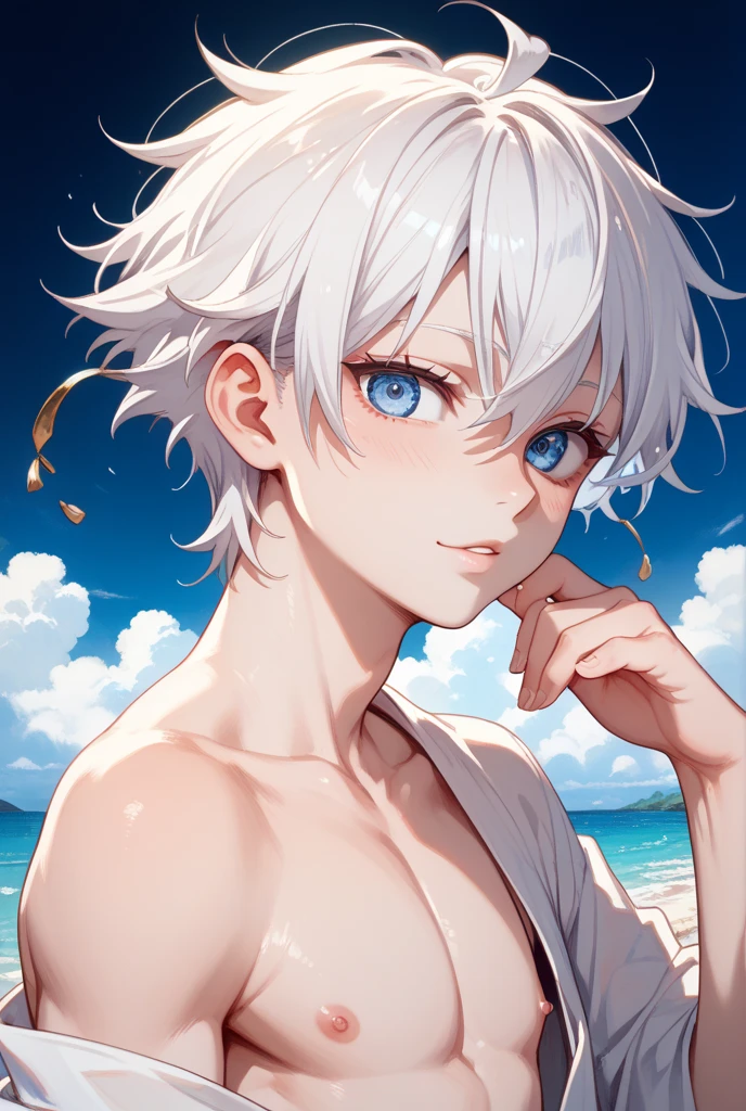 1boy,11 only、(Man's :2) ,Handsome boy,Silvery long-haired、 Upper body naked、Prone、starrysky 、sand beach、hightquality、masutepiece,8K,
