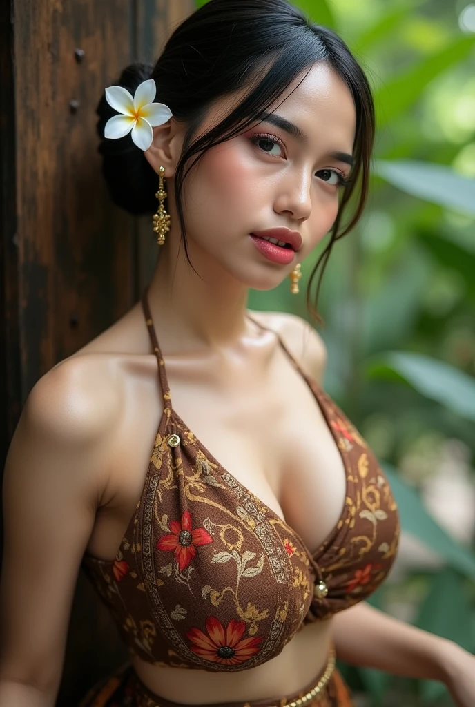 curvy girl ,busty , aboriginal traits of america, Whole body, average height,  long black hair,  fine and elegant face youthful appearance nsfw,  green and tropical landscape, HD image,  make-up,  voluminous lips big and expressive eyes 