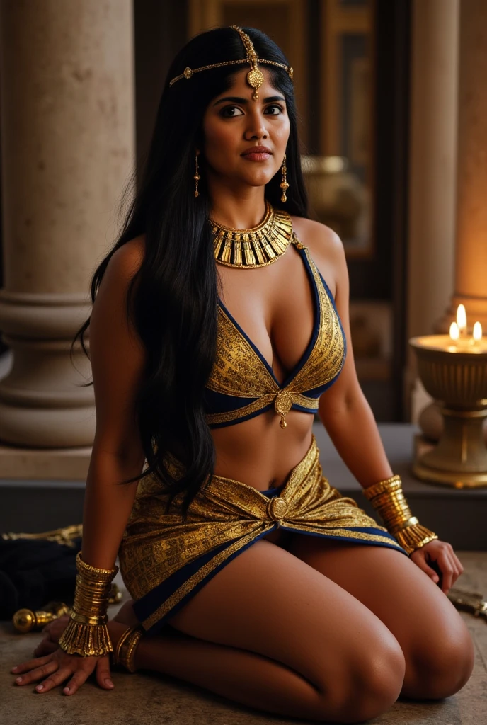 Cleopatra, the legendary Egyptian queen, famed for her irresistible allure, is depicted in the scene, blending her signature fragrance with an air of mystique and grace. Surrounded by an abundance of exotic oils and spices, she masterfully infuses the finest ingredients into a small earthen bowl.
Her long, auburn tresses, adorned with golden beads and jewels, cascade down her back like a wealth of precious treasures. Cleopatra's deep, enchanting brown eyes are filled with determination and passion as she delicately crushes the cinnamon, rose, and myrrh with a golden pest