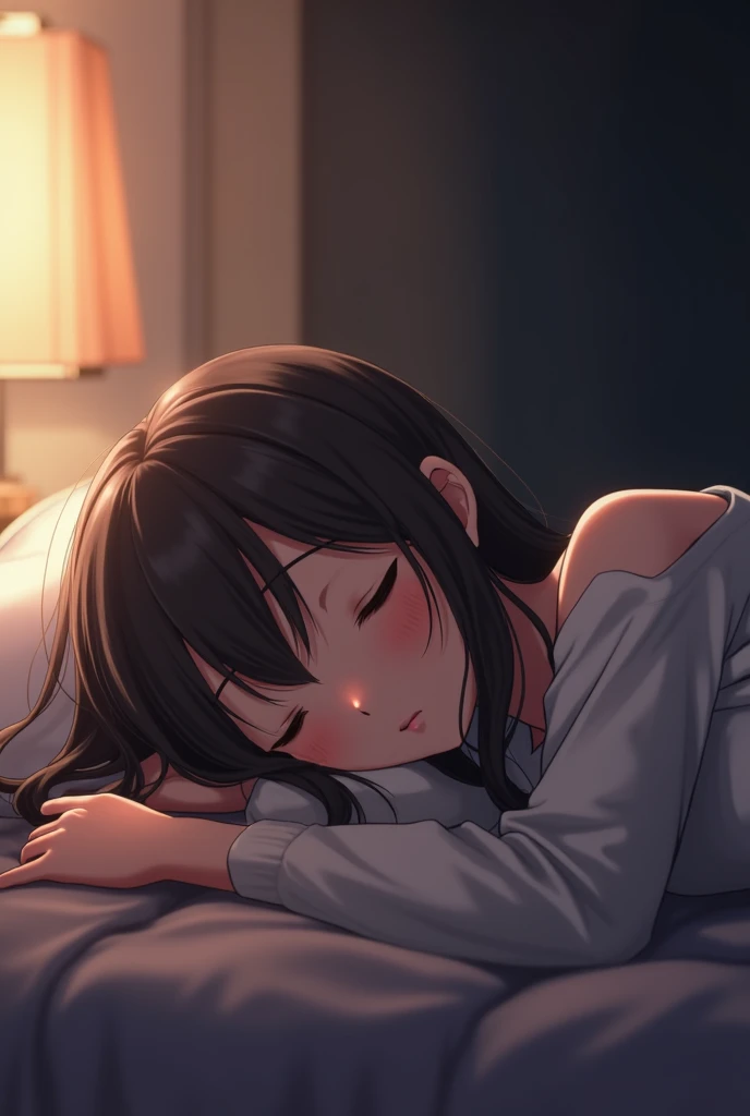 she is sleeping in bed. cute. eyes closed. night. Inside a dark room.
