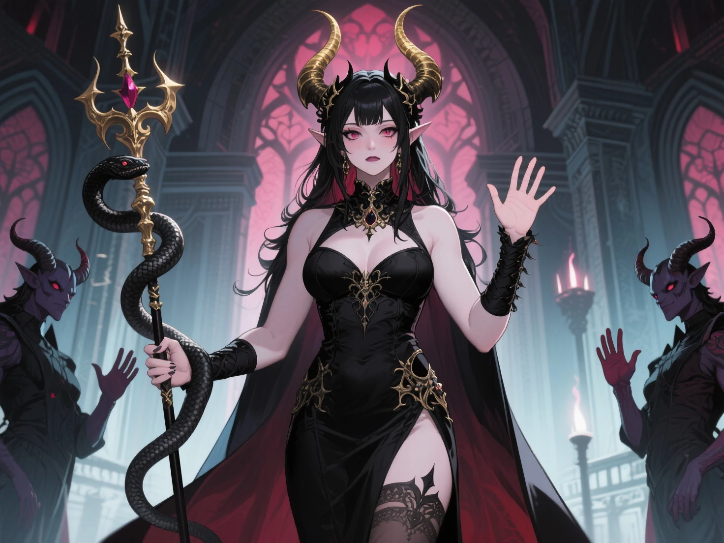 demonic woman with horns and red eyes standing in front of a group of demonic creatures, succubus, beautiful succubus, beautiful elegant demon queen, demoness, succubus | medieval, dark fantasy style art, queen of darkness, queen of hell, dark fantasy art, in style of dark fantasy art, queen of the underworld, diablo 4 lilith, fantasy dark art, demon army