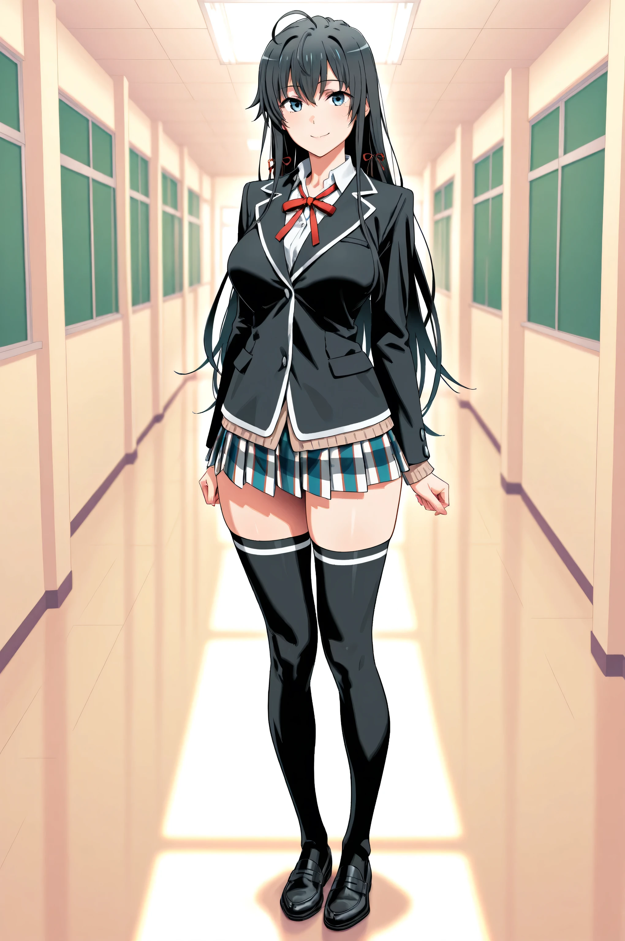 Yukinoshita yukino, School Uniform，big breasts, high thigh socks，standing，Smile，gentle ligh，Full Body, black shoes