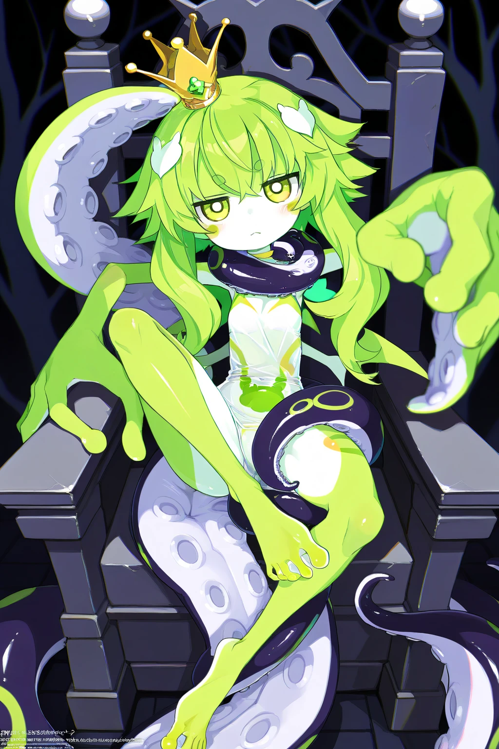 Anime Girl in Valhalla, long lime hair, grey eyes, tentacles