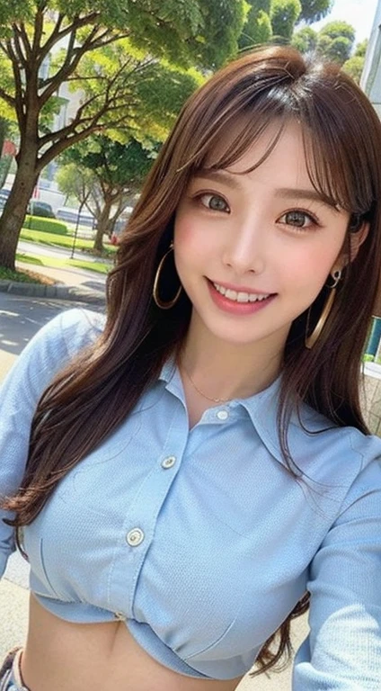 realistic, photogenic, with the sea in the background, wearing school uniform, the top button of the upper cloth is open, a little exposed at chest, skirt is short and just reaching above the thighs, middle-length hair, hair color mixes bronde and brown, hair is blowing in the wind, hair is shaggy and dishevelled, very sunburned and tanned skin, medium build a little bit chubbily figure, exposed widely at chest, heavy and vivid makeup, small mouth, small nose, smooth shaped jawline, glossy face, heavy flushed cheeks, big smile while open mouth, looks like having a great time, easing someone, detailed eyes, slanted eyebrows, detailed lips, photorealistic, highly detailed, 8k, best quality, masterpiece, vibrant colors, dramatic lighting, cinematic composition, digital art