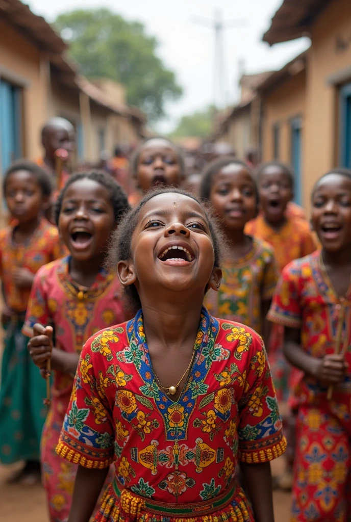 ((best quality)), ((masterpiece)), (detailed), perfect face child crying with tears of blood from hunger in africa; adult people around dressed in flags of other nations laughing.