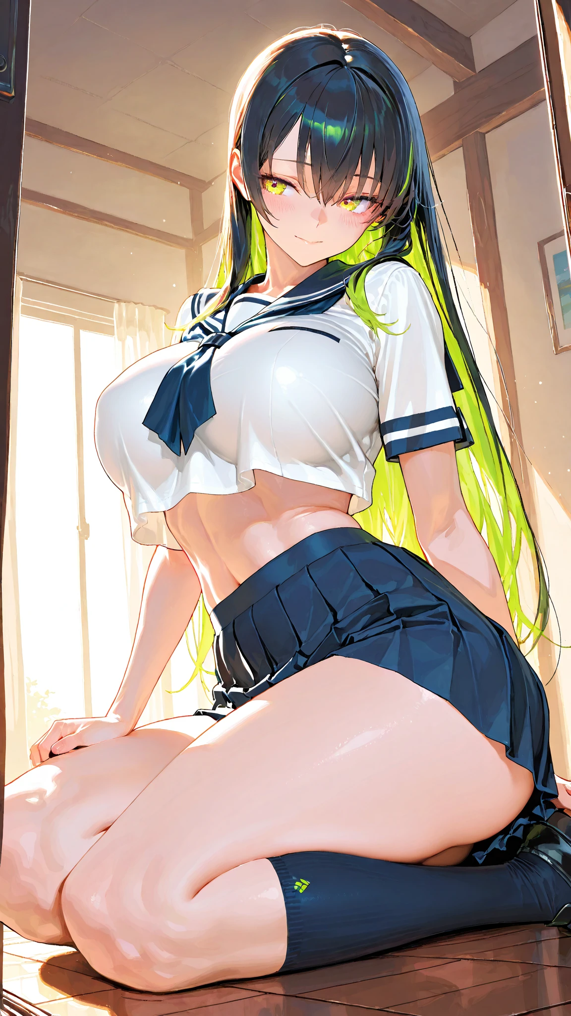(masterpiece, Highest quality:1.2), One girl, Green hair See-through underwear　Yellow juice from pants　Browsing Caution　Luxury Underwear Seaside