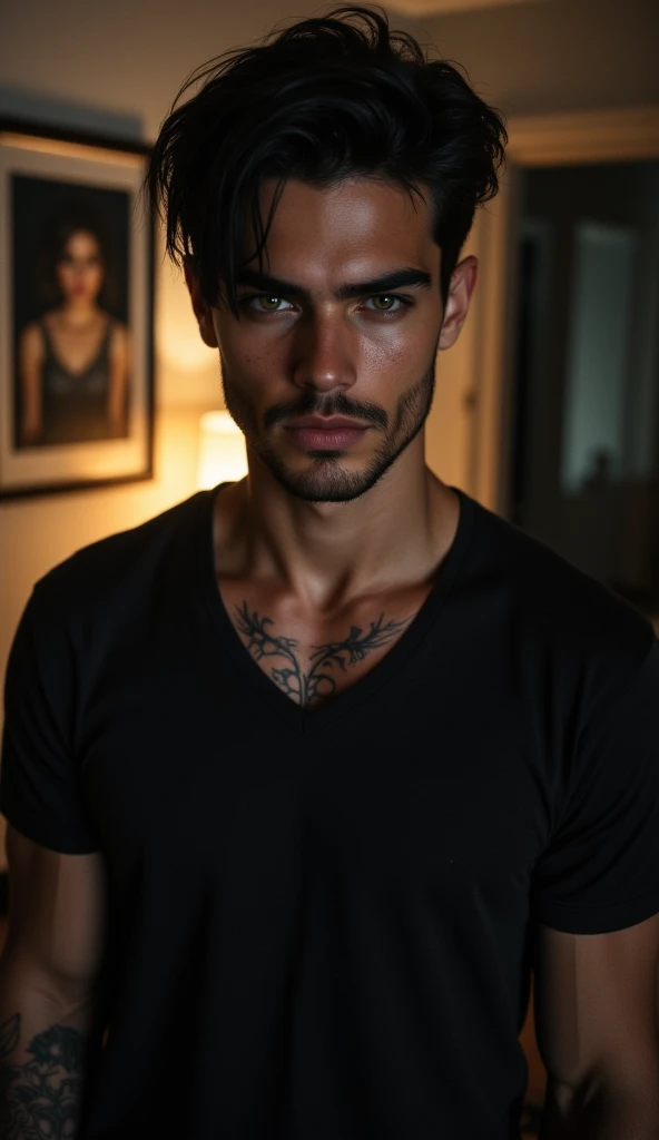 a young brazilian man AI high quality muscular tattoo with name “ruy” light skin tanned piercing gaze pink mouth with realistic bedroom background