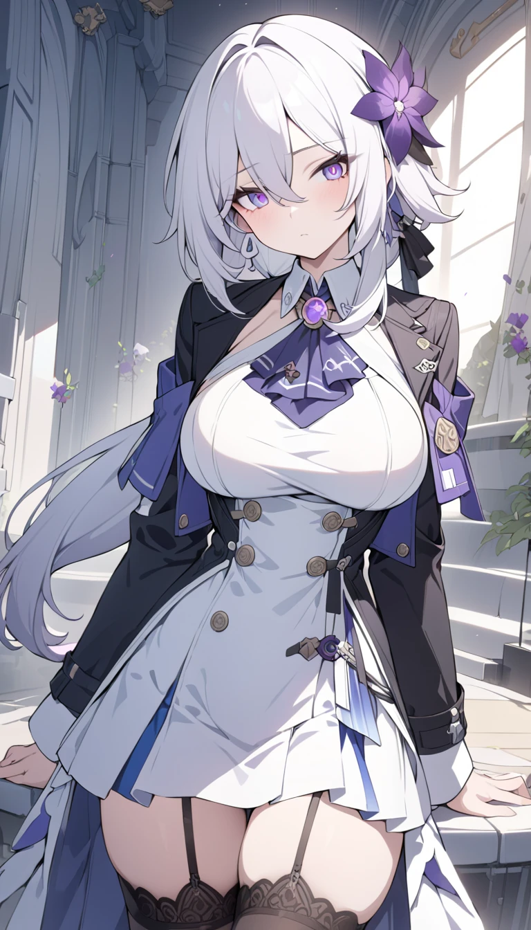 A girl,long hair, Bangs, White hair, Hair between the eyes, Purple Eyes:(1.5), (Large Breasts:1.2),
rest 锁骨, Wedding dress,veil,wedding,White dress,Flowers,Broken skirt,White socks,Tights,White knee socks,
looking at viewer, whole body,
indoors, church,Standing,Standing,
rest (masterpiece:1.2), best quality, high resolution, Unity 8k Wallpaper, (illustration:0.8), (Beautiful and delicate eyes:1.6), Extremely detailed face, Perfect lighting, Extremely detailed CG, (Perfect hands, Perfect anatomical structure),