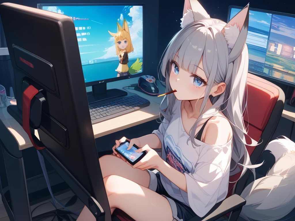 ((Drill out of the screen)),cat_boy,1boy,split color kimono,(black kimono:1.2),(animal ears),white hair, short hair with single long lock,ahoge,yellow eyes,slit pupils, dot nose,closed mouth,playing games, video game, indoors, confused, room, growling, monitor, masterpiece, best quality, highres, nice hands, perfect hands,;),wink,teasing smile,blush
