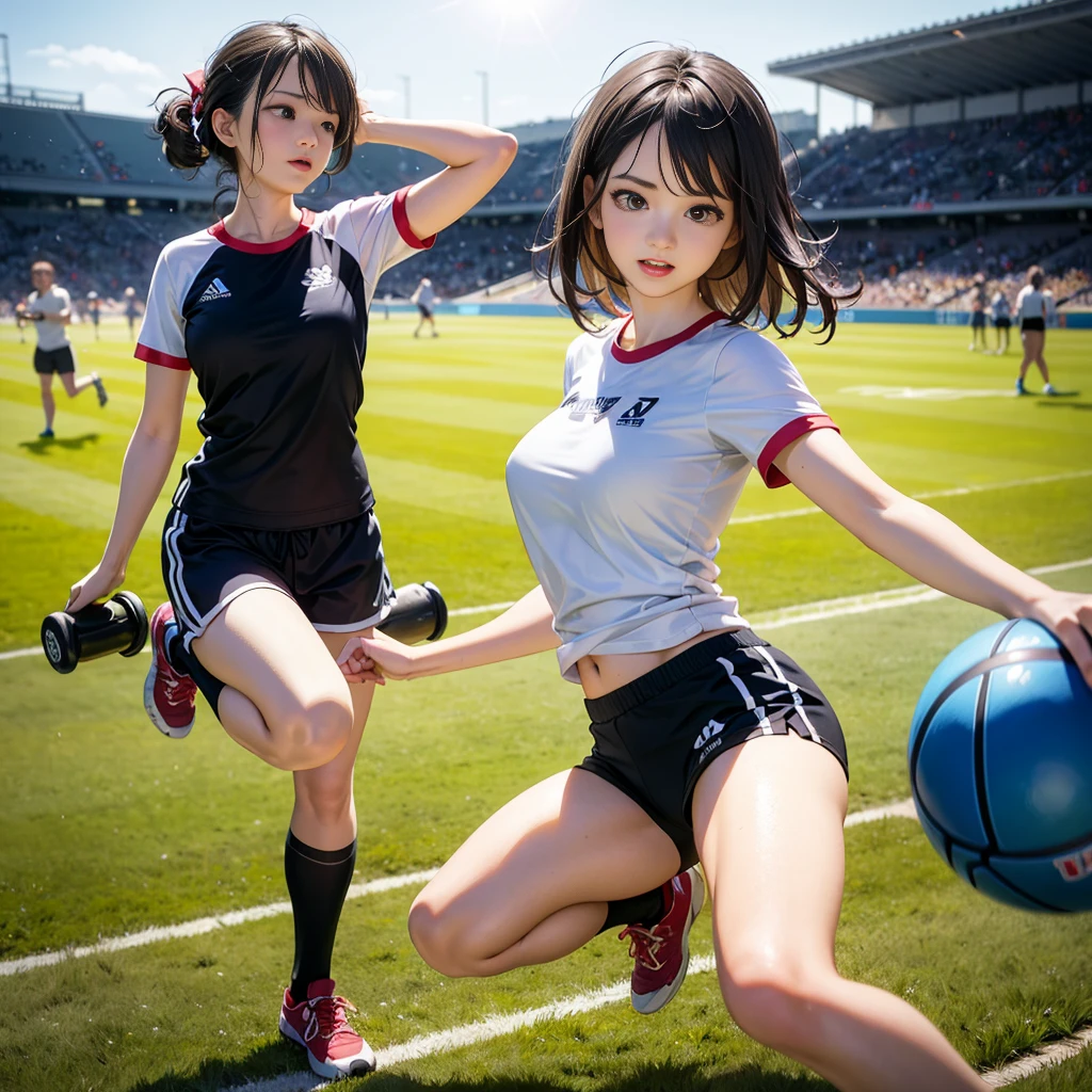 tmasterpiece，best qualtiy：1.4），Smooth movement，（4girl），（highest details），lacepantyhose，without wearing shoes，full bodyesbian，See the feet，Expose your feet，vests，soccer court，contest，Dribble，Players，player，peeping at the viewer，Large viewing angle，jumpping，face to face，antagonism，defend，short detailed hair，Tackle interception，Collision