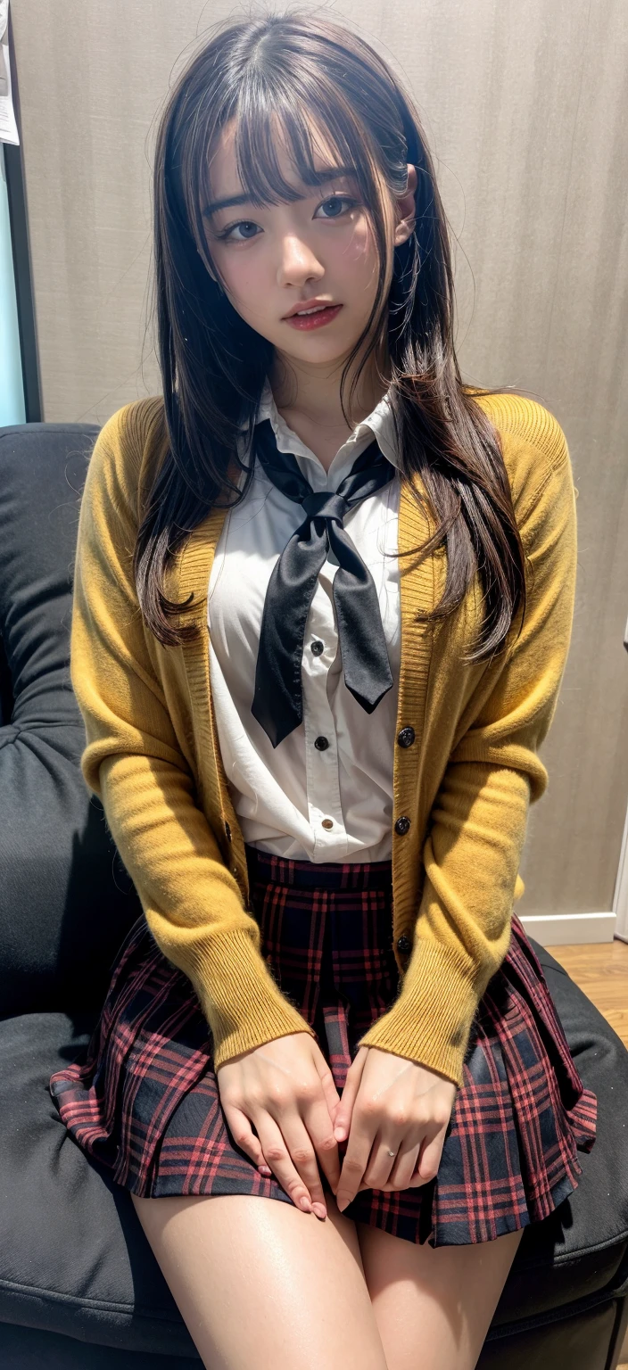 (((8k、High resolution、Highest quality、High resolution)))alone、Natural body shape、White skin、Natural Makeup、((Black Hair、bangs、Straight Long Hair))、(((Glasses)))、、(Sit cross-legged in a chair:1.6)、(())、(((((Full body photo)))))、(((Looking into the camera)))、(((Wear a uniform on the upper body)))、Bedroom、(((Of high school))) 、((white collared long sleeve blouse))、((Beige cardigan))、((Pleated skirt with dark blue plaid pattern、mini skirt、Ultra-realistic pantyhose))、、、Expressionless、((Exposing thighs))