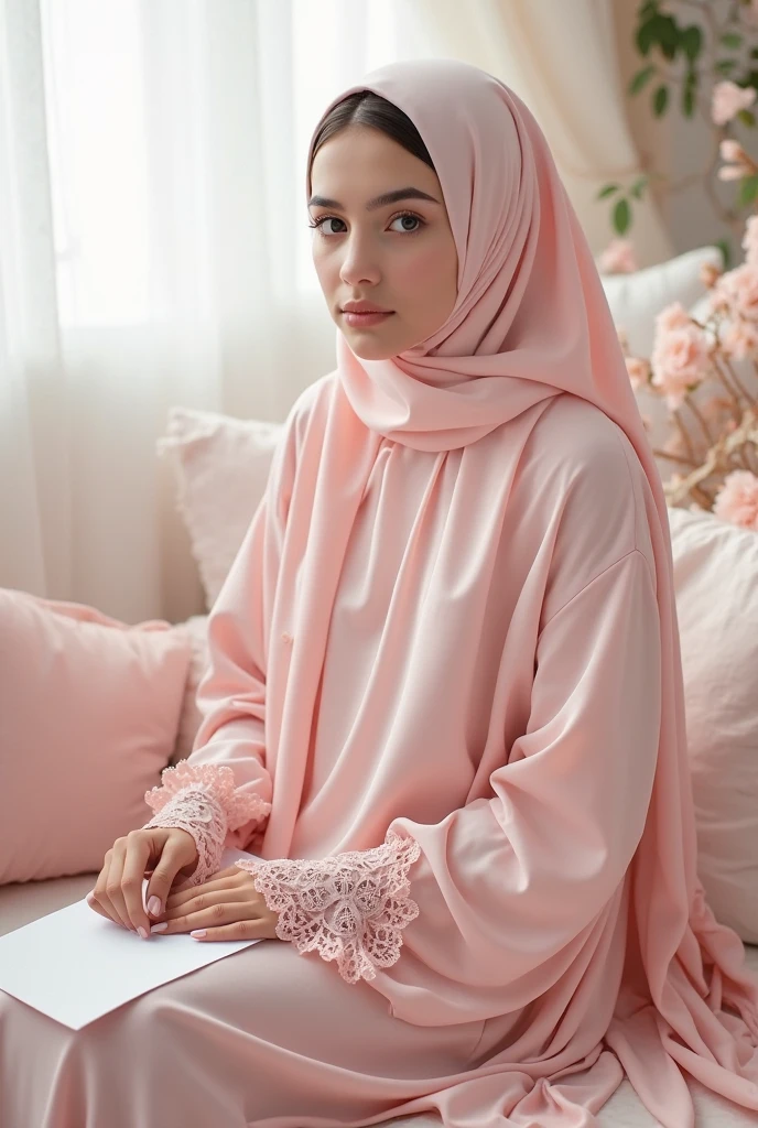A beautiful woman wearing a pink hijab is sitting on the bed.