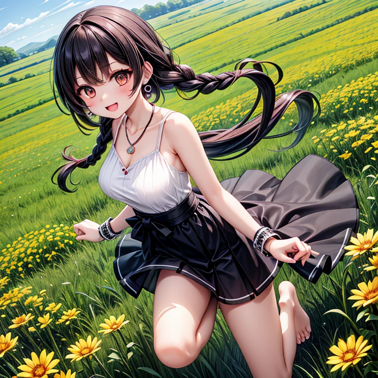 NSFW , ultra detailed, hyper detailed, best quality, highres, 4K, field of flowers, , from below, looking at viewer, puzzled, happy,  , shy, very long hair, wave hair, gradient hair, tall, slender,flat chest, bikini maid,  Gothic lolita, wet,  dappled sunlight, 