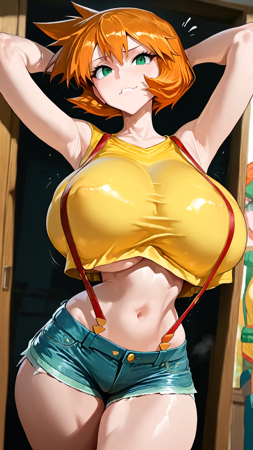 2heads, a chubby woman with 2 heads. She has enormous breasts. She is wearing a zip-up hoodie. Her hoodie is unzipped. She is not wearing clothes beneath the hoodie. Her enormous breasts are exposed through the unzipped hoodie. She is wearing jeans. She has thick thighs. She has gigantic breasts. She is blushing. She is smiling. She looks seductive. Massive breasts. She has orange hair. She has freckles.