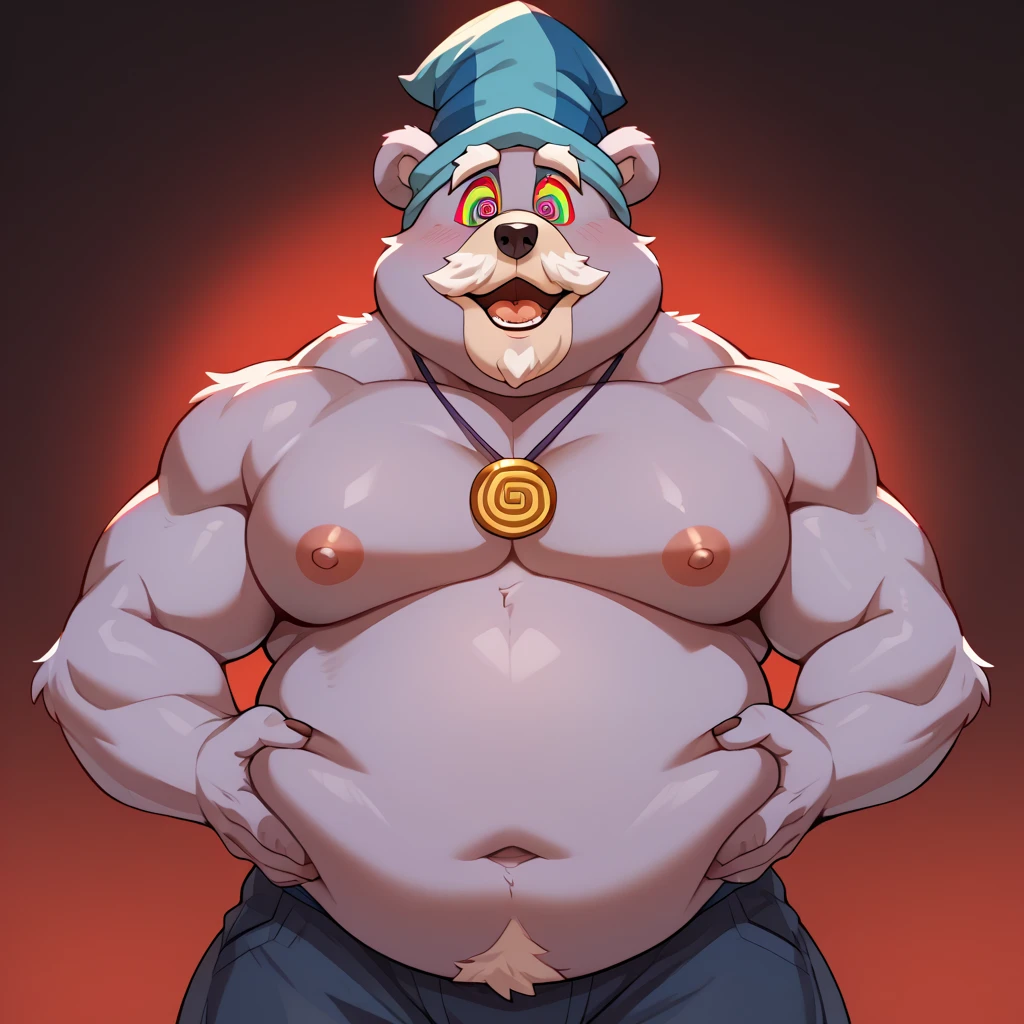 (cute, fat, obese, anthro, male, polar bear), nude, penis, obese thighs, obese arms, open vest, potion, detailed background, fantasy background, hires textures, highly detailed, intricate details, best quality, masterpiece, bright lighting, detailxl
