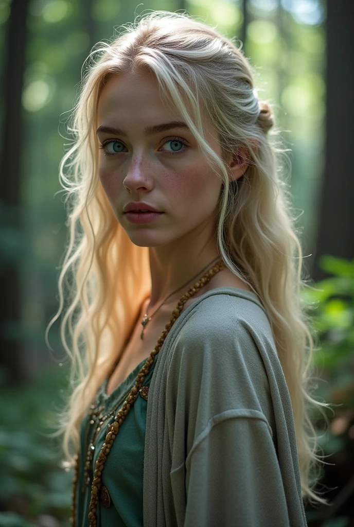 RAW photo, martina, beautiful young girl, 18yo, blonde shoulder-length hair, bangs, silver band crown, blue eyes, white bride dress, dark forest, (high detailed skin:1.2), 8k uhd, dslr, soft lighting, high quality, film grain, Fujifilm XT3, <lora:martinaFromNerdforge_v1:0.65>