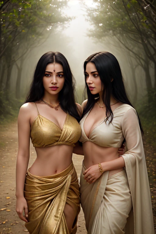 Indian Mom wearing white saree with no bra. Nsfw.Nipple visible. At forest  realistic image  16k regulation.
