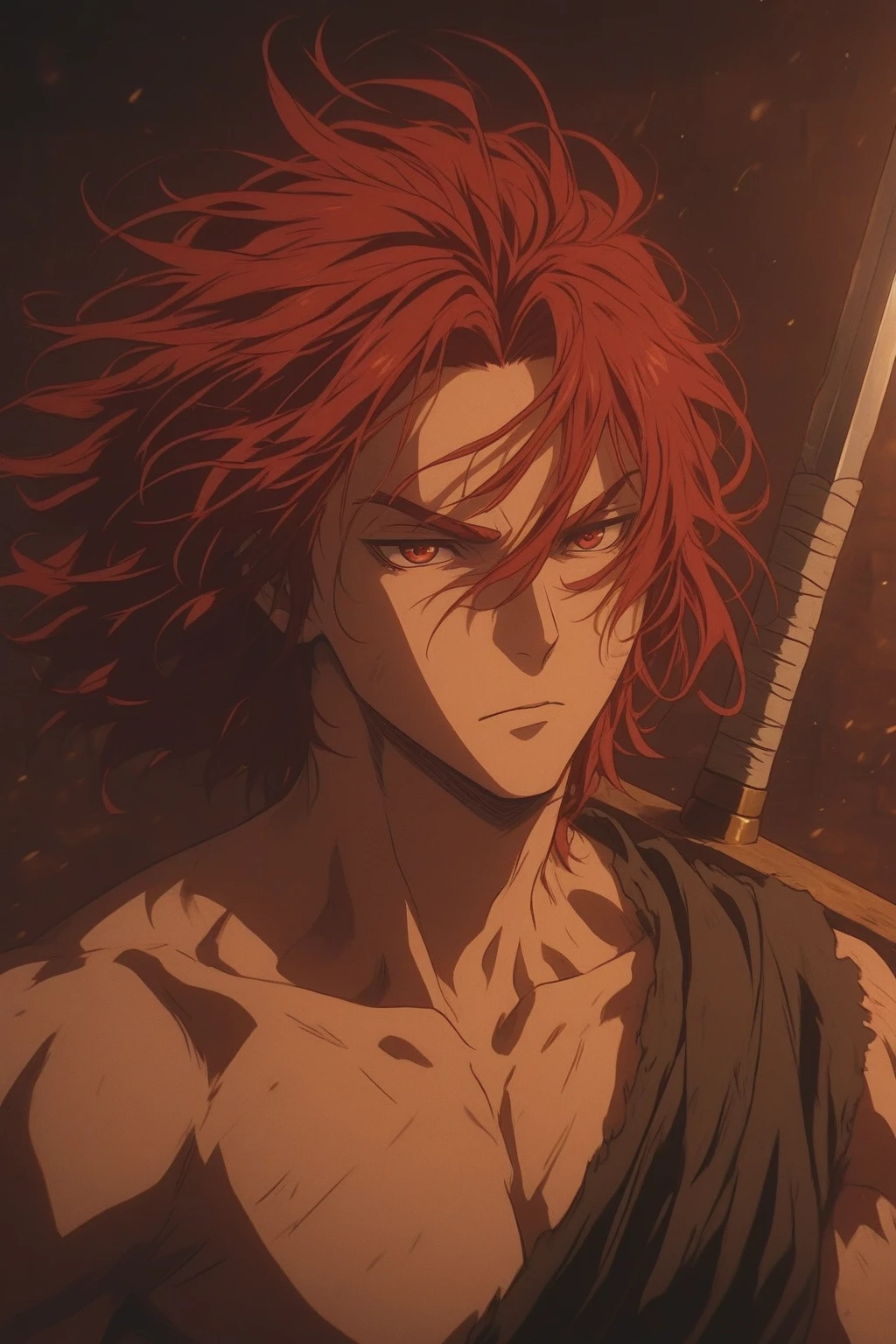 Man, muscular body full of scars, vibrant red medium hair, vibrant red eyes, frightening gaze, open white dress shirt, dress pants with black belt, black cloak, bloody forest background, carrying a large red katana, "Anime character design inspired by One Piece, full of dramatic and impressive lighting, focus on the centralized character, impressive face, full of creative details, ultra-fine 4K design, scenery bathed in creativity, boasting 2D anime resolution clarity, HD anime graphics, high-octane rendering"