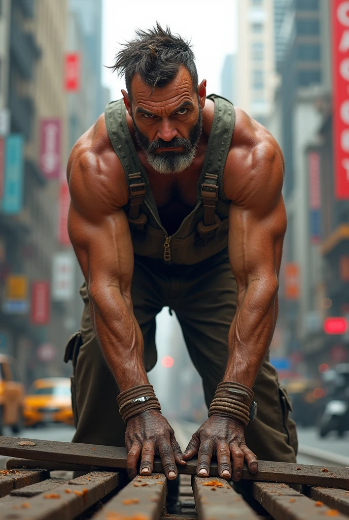 closeup portrait of a beautiful IVANS BOBROVS PLAYS WITH BICEPS FROM LATVIA wearing , lost in a desolate flaming landscape of hell