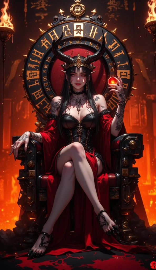 Influenced by the artistic style of Stephen Gammell's illustrations, this full-length, full-body shot captures the dark and ominous presence of Kristen Stewart transformed into a seductive and macabre demon. She is adorned in a ripped and torn blood-red lingerie set, revealing her pale white skin and alluring figure. Her long legs, encased in stockings with runs up and down them, add to her allure. With an evil and seductive gaze, she embodies the role of a demonic sorceress, levitating effortlessly above a glowing red pentagram carved onto the floor below her. This pentagram serves as evidence of the demonic invocation spell she had just cast, utilizing high-level chaos magick. The scene takes place within a chaotic
