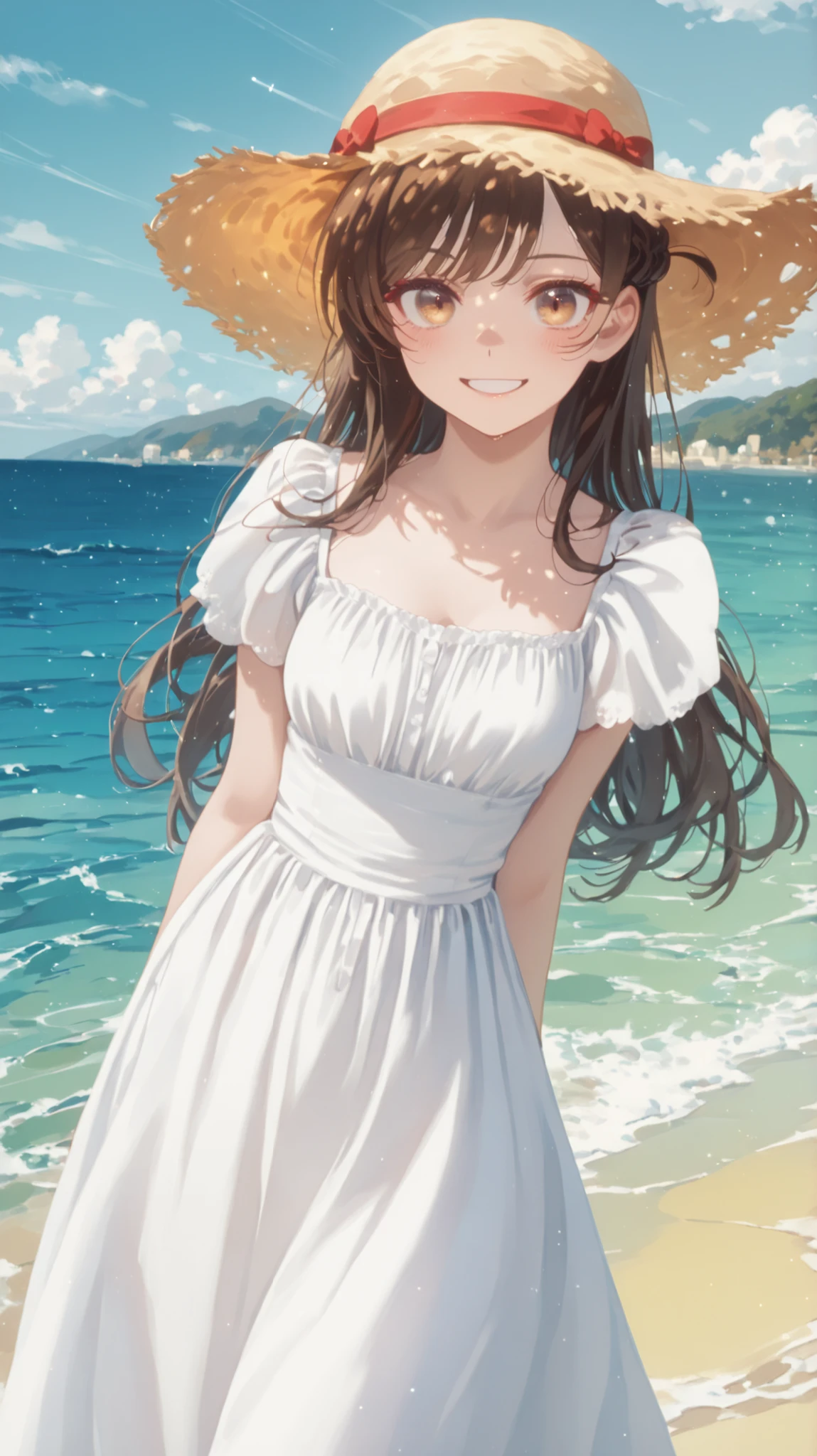 red bow straw hat:1.4,Light yellow light on light brown eyes gradation eyes:1.3,open eyes:1.5,provocative expression:1.3.look at the front:1.3 light smile:1.3,Very detailed、:1.3, masterpiece、４K,White ロングワンピース,e-mouth:1.2,Mizuhara Chizuru,耳の上に編み込み,編み込みからハネ毛:1.3