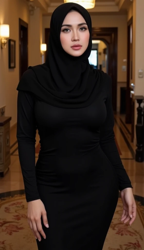 8K, high quality, nice lighting, soft lighting, realistic, dark eyes, sexy, big breasts, thighs, wide hips, arabic dress, black dress, Jewelry, sexy lady, asian, hijab, niqab, sexy pose, showing big thighs, nice body, natural largest breast, wearing rings for woman, office girl, sexy posing, hand sock, malaysia girl, sexy girl