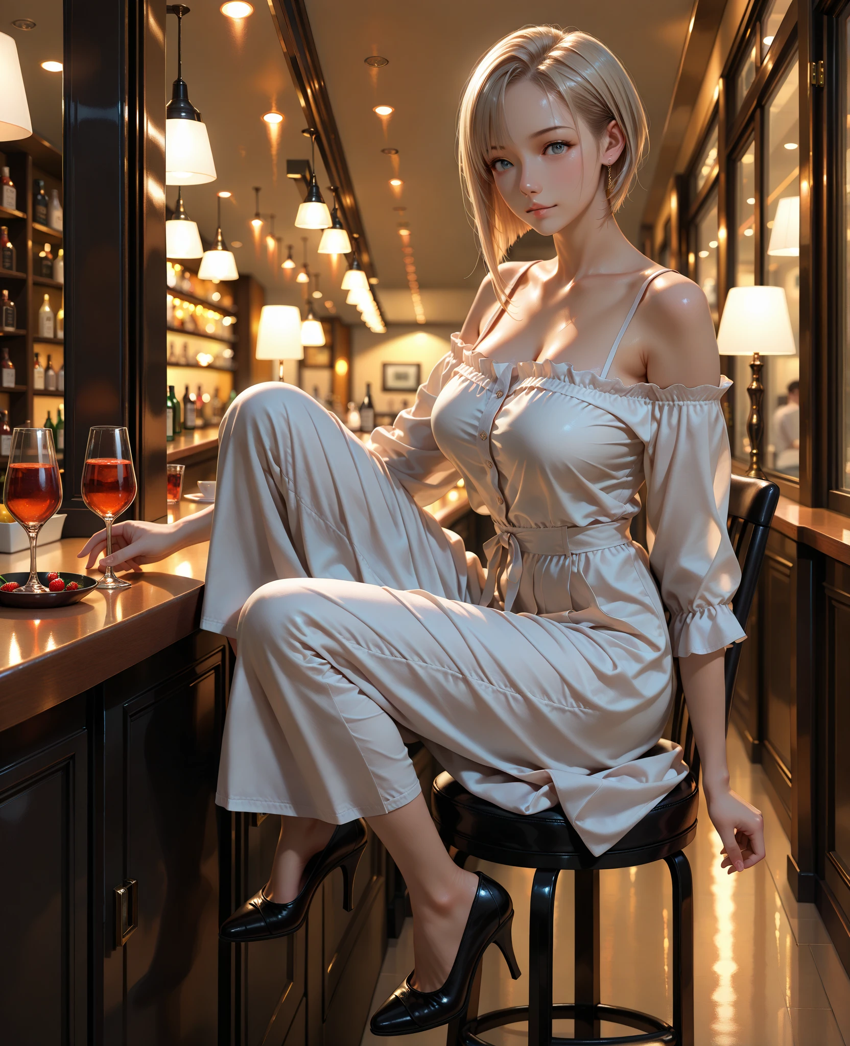 Best quality，tmasterpiece，Ultra-high resolution fills the picture，Indoor at night，Cafe in the sky,Orange color scheme for the café,There was coffee and wine,the night,inside in room，Orange neon color scheme,Silver-white hair，Black fashion clothing，Orange and black matching outfits,boxer，Cafe beautiful girl，cyberpunk backgrouns,The background is colorful，Lateral face，Smiling，Various laid-back poses，Perfect makeup，Love eyes，8K quality，cyber punk perssonage，sense of science and technology，Character backlighting，rim-light，Movement changes，Flowing hairstyle，Loose hairstyle,The number of fingers is refined，The most beautiful girl in mankind，Wear a headband，Wear delicate accessories,Delicate close-up of the face，Realistic image quality，Super light and shadow，Very good figure，Meticulous，Have a cup or coffee on the roof in the evening，Very good figure，Raised sexy,luminous,Cool，Very stylish café
