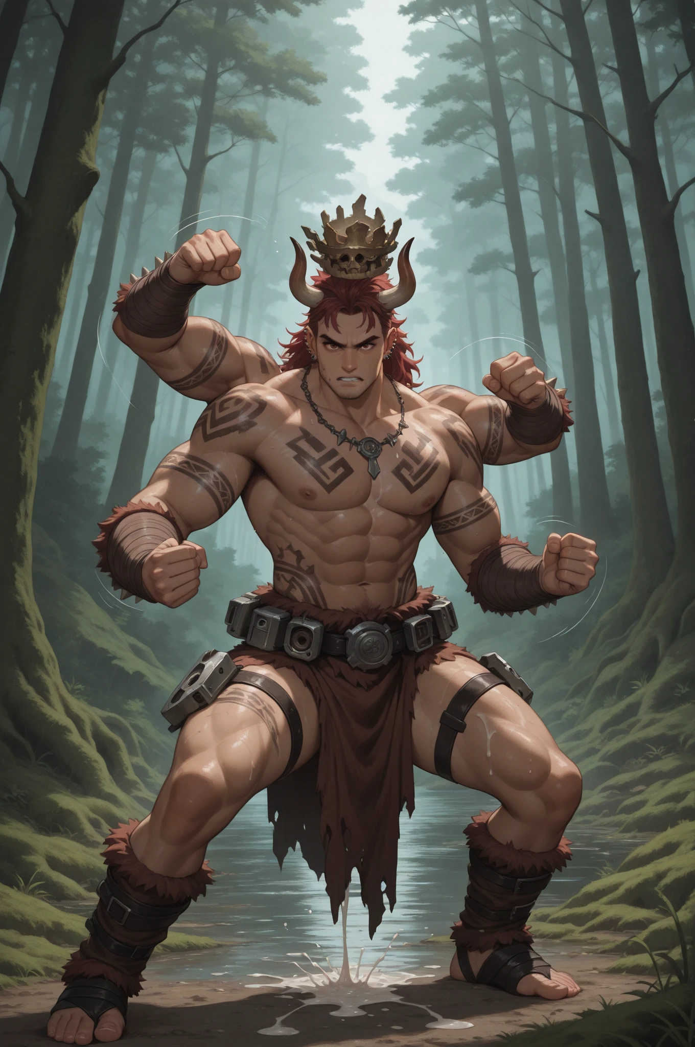 Black woman, tall, muscular and large body, long red hair, serious expression, black horns, tribal tattoos, lumberjack clothing, forest background, ONE PIECE inspired anime lines, bathed in drama, incredible lighting, infused with creative details, ultra-fine 2D drawing, incredible scenery, bathed in creativity, boasting anime resolution clarity, anime graphics, high octane rendering