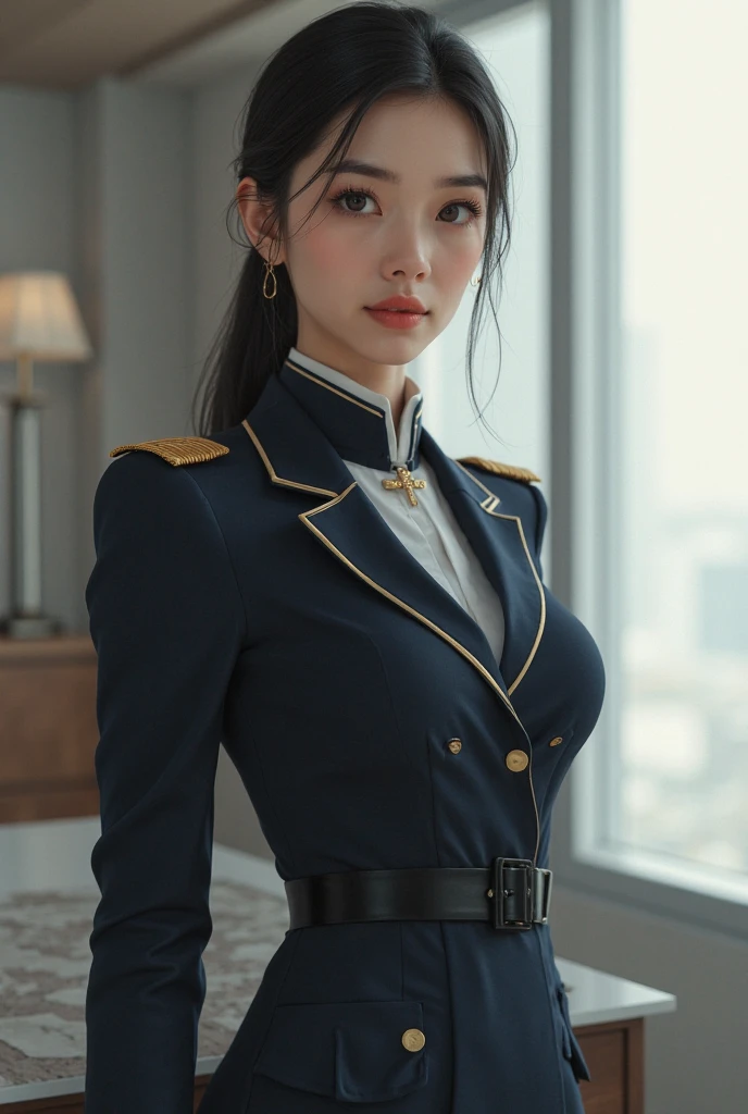 Usually detailed CG Unity 8K wallpaper，（tmasterpiece），（best qualtiy），（ultra - detailed），（Ultra photo realsisim），（best character detail：1.36），Nikon D750 f / 1.4 55mm，RAW photo，profesional lighting， physically-based renderingt, 1girll, Female soldier，(Black military uniform，(Black military uniform)，Fabric texture military uniform，Business suit)，(Underneath the coat is lined with a plain white shirt，The sweat-soaked white shirt fabric pressed against the chest，The buttons of the white shirt on the chest are fastened)，(red necktie)，((black micro skirt，Black gym panties))，Bare legged，Plump legs，Black hair，(military hat，Big wavy hair，Do not tie your hair)，the golden ratio,[:(com rosto detalhado:1.2):0.2]:，PureErosFace_V1，thick bushy eyebrows，broad shoulder,(gigantic cleavage breasts:1.35),(gigantic ass:1.45),(Plump thighs:1.3),(I look from the bottom up:1.55)，((Hands on cheeks，Spread your legs widely，Zamabu，blacksilk):1.55)，Close-up Shot Shot，((Squinted and smiled，A smile full of confidence，A bright smile，Laughing heartily，The red flag hangs behind you):1.35)，((Close-up of panties，Close-up of the crotch))，((Sunset sky，Gentle sunshine，sunshine on face，RAW photogr，eventide，evening light，setting sun，light glow))，White teeth，