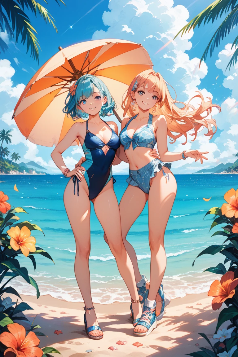"Sunflower Light: Goddesses of Summer"
Illustration prompt:
"Sunflower Light" is a work depicting people wearing swimsuits with a sunflower motif design against the backdrop of a sunflower field blooming under the bright summer sun. The fabric of the swimsuits is woven with sunflower patterns, and its delicate details and texture are precisely depicted.
AI illustration prompt:
Scene setting:
A sunflower field spreads out under the blue summer sky. Countless sunflowers bloom in the background, creating a contrast of bright yellow and green.
Several people are wearing swimsuits with sunflower designs and enjoying themselves in the sunflower field.
Swimsuit description:
Each person wears a different design of sunflower-patterned swimsuit. They incorporate a variety of styles, including bikinis, one-pieces, and tankinis.
The fabric of the swimsuits is precisely drawn with patterns of sunflower flowers and leaves, and its texture is precisely depicted.
Color and light expression:
The swimsuits are natural colors such as sunflower yellow, green, orange, and brown.
The sunlight reflects off the swimsuit, creating realistic highlights and shadows.
Fabric details:
The patterns of sunflower petals, stems, and leaves are woven into the fabric, and the delicate details are depicted in detail.
The way the wet fabric sticks to the skin and the sunflower pattern is reflected in the water droplets is realistically depicted.
Movement:
Realistic depiction of how the swimsuit fabric stretches and creases as the person moves.
The way the swimsuit fabric sways in the wind as the sunflowers sway in the wind is also depicted in detail.
Contrast with background:
The contrast between the sunflower field and blue sky in the background, the yellow sunflowers, and the color and texture of the swimsuit is emphasized.
The design and details of the swimsuit are highlighted using sunlight and shadow effects.
Special effects:
The shine caused by the reflection and refraction of light is ref