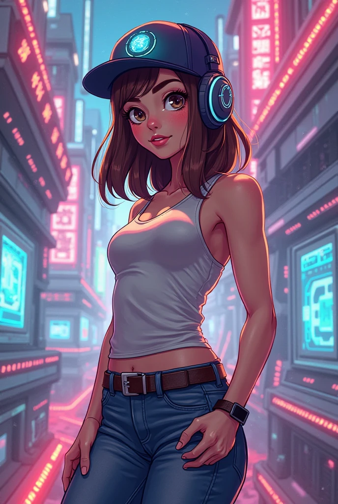 a woman posing for a picture in a gym, vektroid, lucy hale, the ultimate gigachad, in tshirt, anime best girl, 🧒 📸 🎨, poggers, ayan nag, aesthetic!!!!!!!, headphones, discord profile picture, sfw, julia fuentes, real photo, motu, solid anatomy, photo print, by Randy Vargas