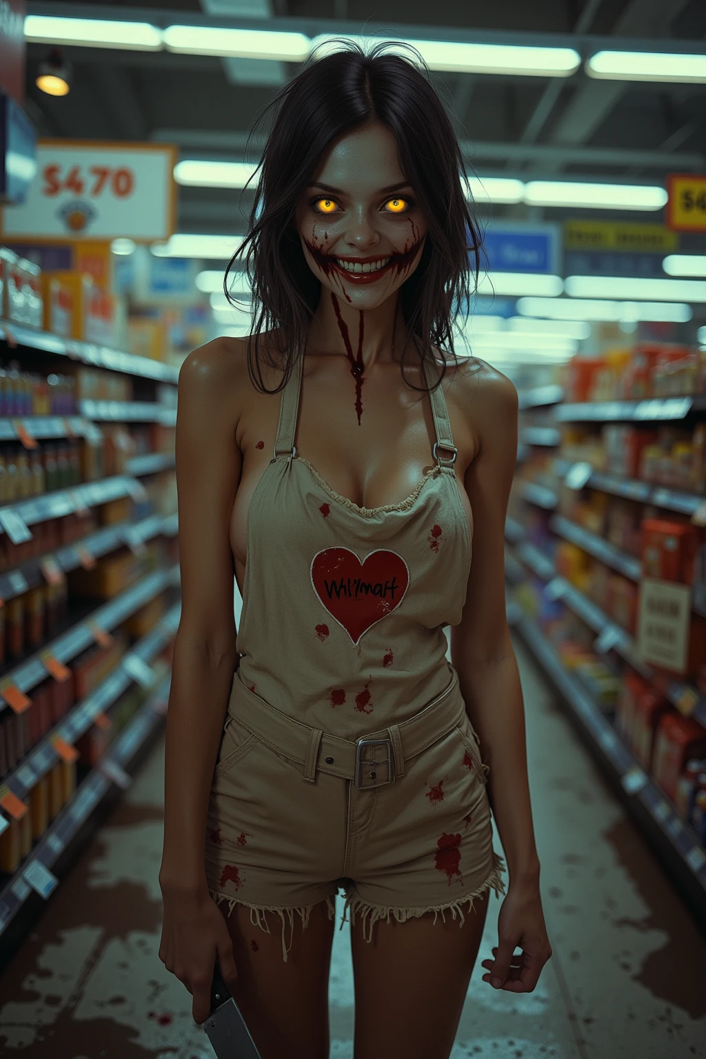 (masterpiece:1.3) 1girl, , (female serial killer:1.5) (skinny with an ugly face:1.3) working at Walmart, wearing an apron with topless under the apron, wide eyes, blood stains on clothes, short khaki shorts, big evil smile, (holding a knife:1.3), horror Walmart background, florescent grocery store lighting, deep shadows , extreme details, , complimentary lighting colors, deep skin, , brightly colored composition, "constricted pupils, small pupils, yellow glowing eyes", Slender Girl, OL, JK, purple bags_under_eyes, ( downblouse, BarbaraEvenot, Bags und