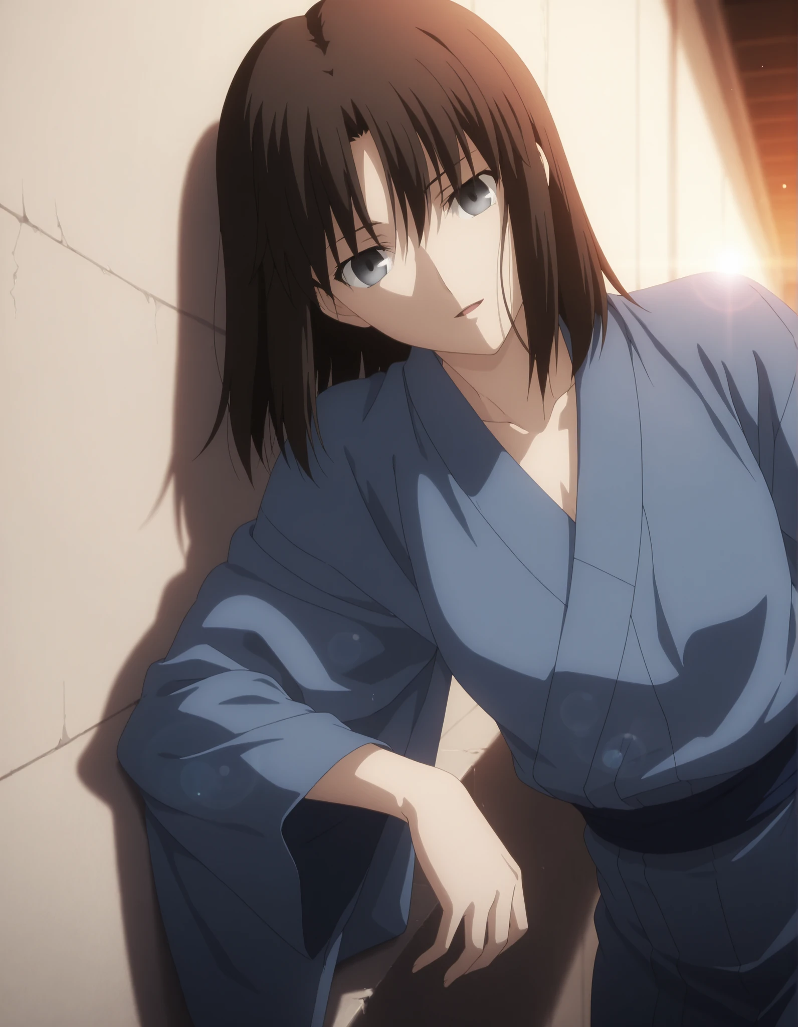 masterpiece, best quality, amazing quality, highres, absurdres, very aesthetic, high resolution, ultra detailed, perfect details, solo, midnight, outdoors, ufotable style,((under the bridge, cinematic light)),(lens flare, up light, midnight),, , close up,
1girl, ufotable style, anime style, (anime coloring), (anime screencap) , (,), ,(head tilt),(((leaning for wall, on wall))), (light open mouth, ), (), light smile, BREAK
girl, mature, slim body, slender body, ,Ryougi Shiki , TYPE-MOON / Kara no Kyoukai ,dark brown hair, medium hair, grey eyes,
(), ,(), undress blue kimono ,long sleeves, long kimono, , (small breasts), flat chest, ((looking at viewer)), expressionless, aged up , , ,