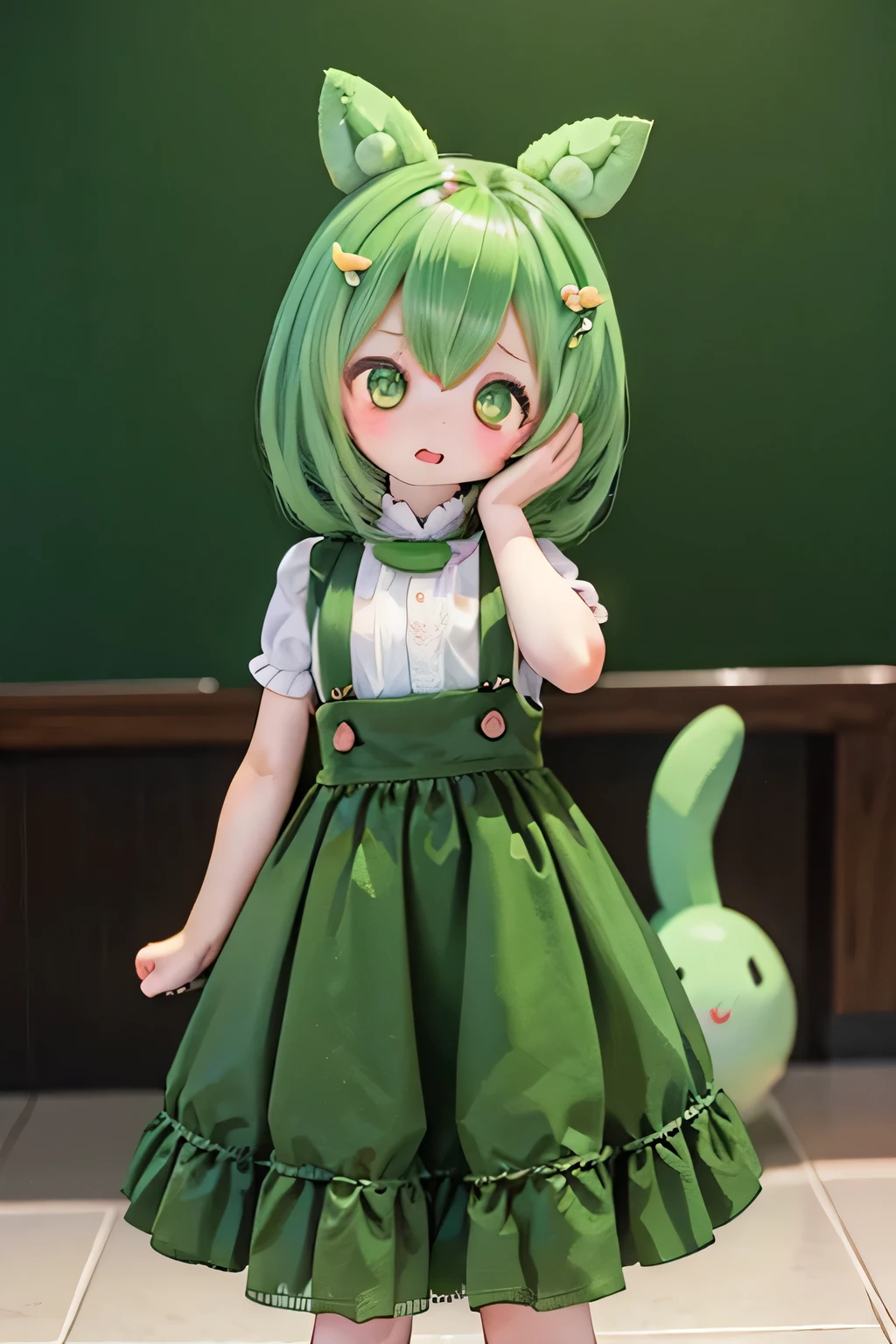 cute green-haired zundamon in playful pose, Exquisite Character Design , Delicate Details , surreal , photorealistic , 8k, masterpiece , is high resolution, bright color, 多くのcute人々I can see the light of , natural light, 、 warm palette , amazing , Nikon Z7 IIミラーレスカメラで撮影したamazing映像 , cute , cuteデザイン , , Heartwarming、Edamame、 execution (((((young lady))))))(((long hair))) (((((Long Dress))))))Long skirt in front of the museum、 very elegant word classroom