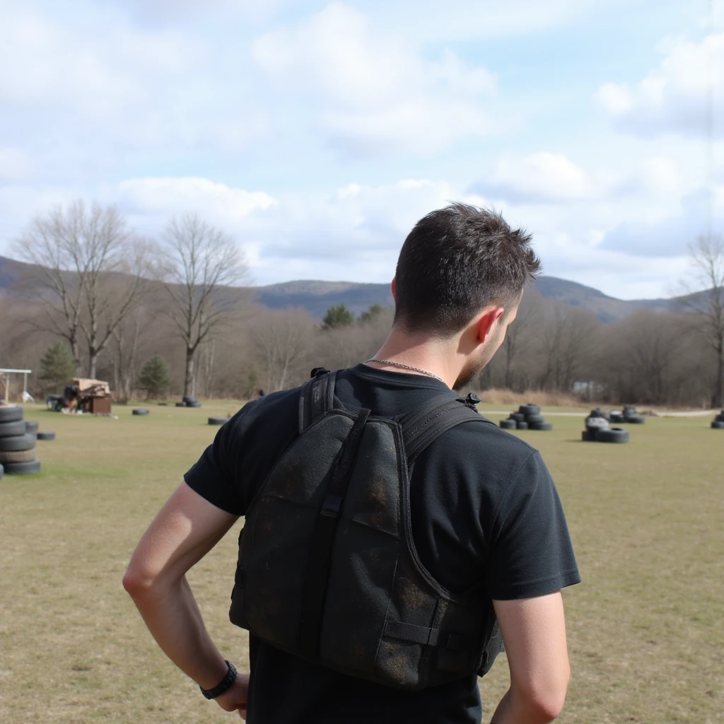 This image captures an individual from behind, wearing protective gear, suggesting participation in an outdoor activity like paintball or airsoft. The setting is a natural, open field with elements commonly found in such game arenas.The person is facing away from the camera, looking towards the distant landscape. Their posture suggests they are either surveying the area, preparing for action, or reflecting.

- Attire: They are wearing a black short-sleeved t-shirt and a black protective vest, which appears somewhat worn or soiled, indicating active use. The vest seems padded for impact protection.

- Hair: The individual has short, dark hair that looks a bit disheveled, consistent with outdoor activity.- Outdoor Environment: The scene is set in an open, grassy field, which appears somewhat dry or muddy in patches, indicating an active outdoor recreational area.

- Game Elements: Scattered across the field are various structures and obstacles typically found in paintball or airsoft fields:

- Stacked Tires: Several stacks of used tires form barricades or cover, providing strategic points for players.

- Wooden Structures: In the mid-ground, there are some crude wooden structures or shacks, likely serving as bunkers or bases.

- Natural Landscape: Beyond the immediate game area, there's a natural landscape with bare trees (suggesting late winter or early spring) and rolling hills or mountains in the distant background, giving a sense of vastness.

- Sky: The sky is light blue with scattered white clouds, indicating fair weather.

- Power Lines: Thin power lines are visible stretching across the upper left portion of the sky, a common sight in rural or semi-rural areas.