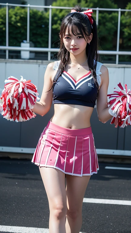 masterpiece, best quality, illustration, Super detailed, fine details, High resolution, 8K,wall paper, perfect dynamic composition,(Details High quality, realistic depiction of eyes:1.3), hotel room, (cheer girl:1.5),(a miniskirt), to stand、large breasts,short bob hair, black hair color, Big Natural Color Lip, bold sexy pose, crying a little、Harajuku style、20 year old girl、cute type、lolita、beautiful legs, hposing Gravure Idol