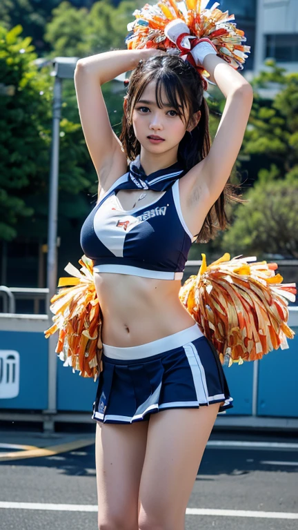 Highest quality,masterpiece,Ultra-high resolution, Very detailed, 8K,a 16 years old beautiful Japanese woman:1.5, Small face, Black hair ponytail, blunt bangs, Breast Augmentation Surgery, (Detailed yellow and white cheerleader outfit:1.5), Standing in the stadium、 Detailed very smelly armpits