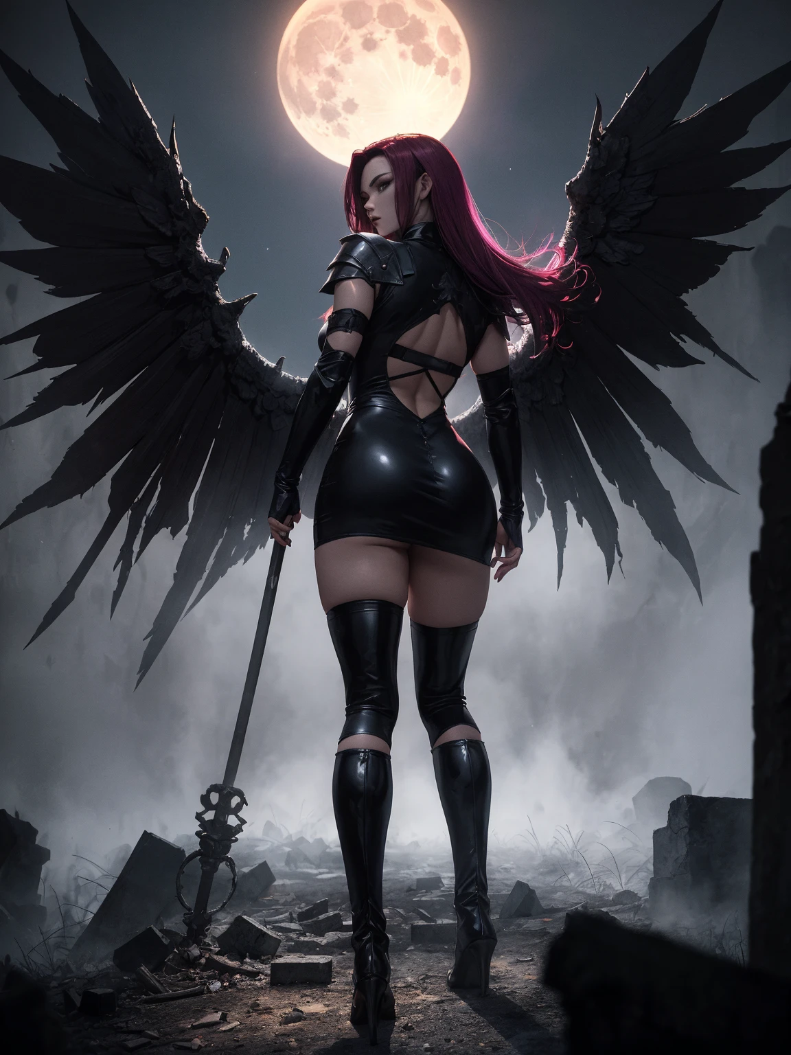 Loona from Helluva Boss, female wolf, anthro, mature adult, white hair, grey eyes, torturer vengeful wrathful angel, blood tears, blood face, fallen angel wings, bloody halo, standing, cold stare, glowing eyes, standing above a blood ocean, dark, omnious, beautiful, solo, full body, 3d render, Unreal Engine 5, 4K