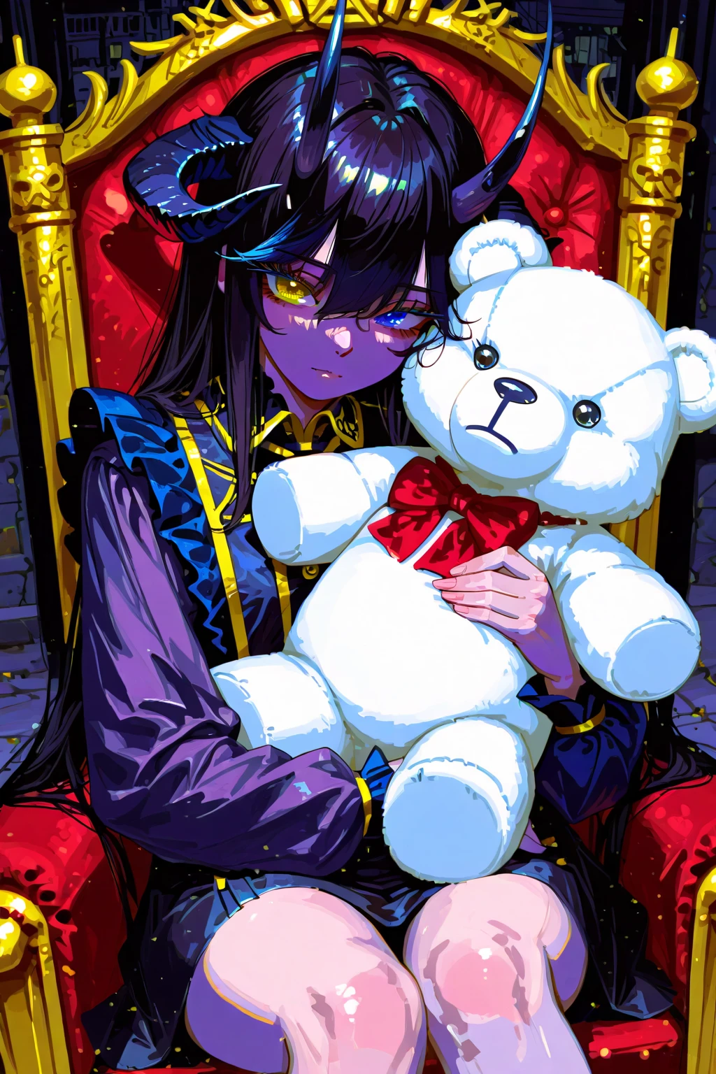 a caramel-colored teddy bear, wears a yellow and blue bow tie, he has a black crown that floats over his head, his eyes are big with stars inside, there is a black liquid dripping from his eyes, he is in a hall of royalty all gilded, he is the king, he is evil, he is hideous and frightening, scary, horror picture