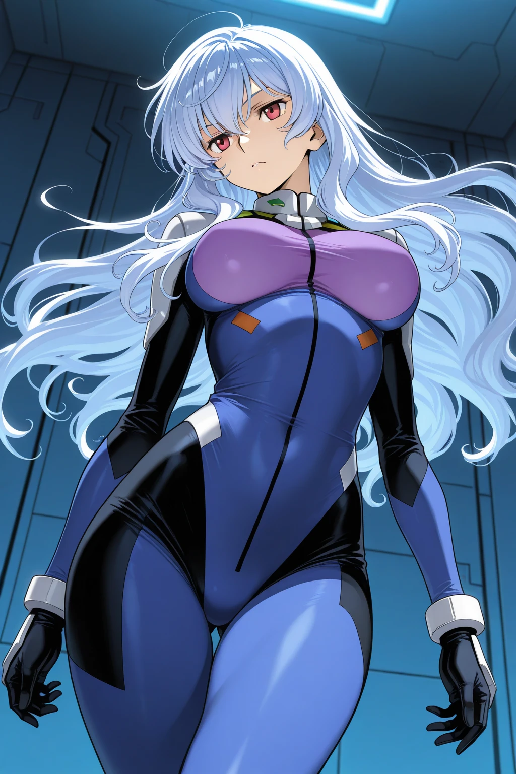ultra-detailed, Explicit, Beautiful body, Beautiful Nose, Beautiful character design, perfect eyes, perfect face, ultra highres, 4K, beautiful legs, perfect legs, Nice hands, Perfect hand, Masterpiece, Best Quality, Highly detailed, illustration, absurdres, perfect anatomy, expressionless, blank eyes, emotionless,corruption, mind control, female combatant, full body, hypnotized, unhappy trance, full body suit, ribbed bodysuit, both arms at side, obey, perfect female body, looking at viewer, hypnosis, hypnoLora, empty eyes, Mind control device, poses, submissive_pose, Slave, standing straight, standing, Fighting Stance, standing at attention, numbersuit, two-tone bodysuit:0.9, blue bodysuit:0.9, light blue bodysuit:0.9, 1girl, solo, hair ornaments, long hair, gray hair, green eyes, ootorii asuka, mole under eye, huge breast