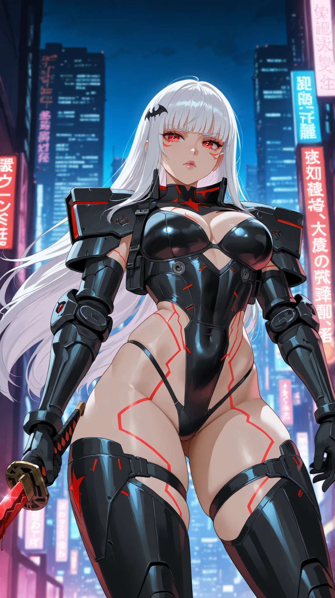 1 girl, wavy hair, long hair, red eyes, light gray hair, erect nipples, areola slip, big breasts, earrings, blushed, no panties, blurry background, Shanghai, cyberpunk, cyber suit, neon lights, sword, cameltoe, pepperoni nipples, skyscrapers